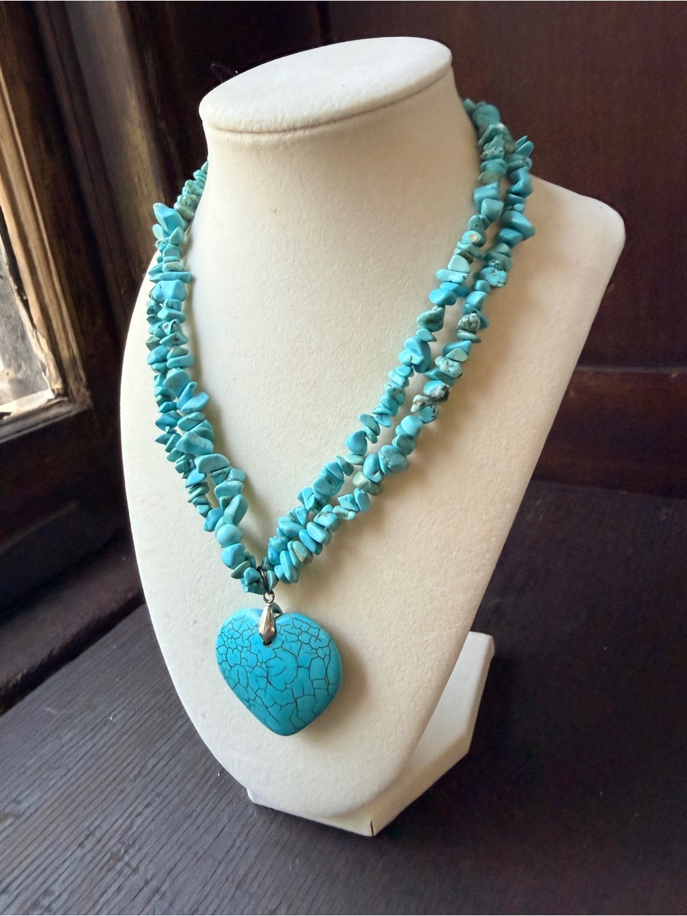 Turquoise Heart Pendant Double Strand Necklace - Women Jewelry